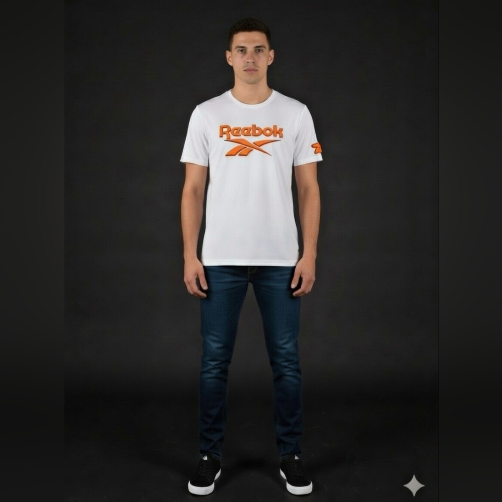 Custom Made Reebok White and Orange Logo T-Shirt And Puff Vinly Added Unisex